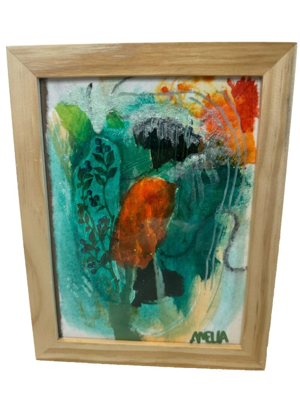 Original Art Painting Abstract OOAK Framed 8x6 "Softness" Wall Home Decor Teal